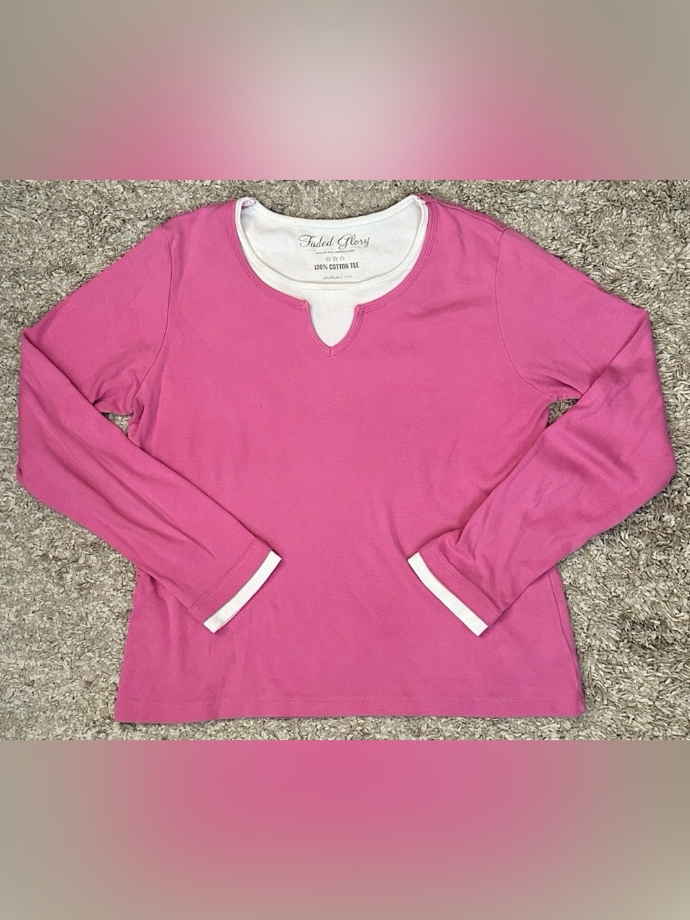 Faded Glory Women’s Size Large (12/14) Pink/White Scoop Neck Long Sleeve T-Shirt